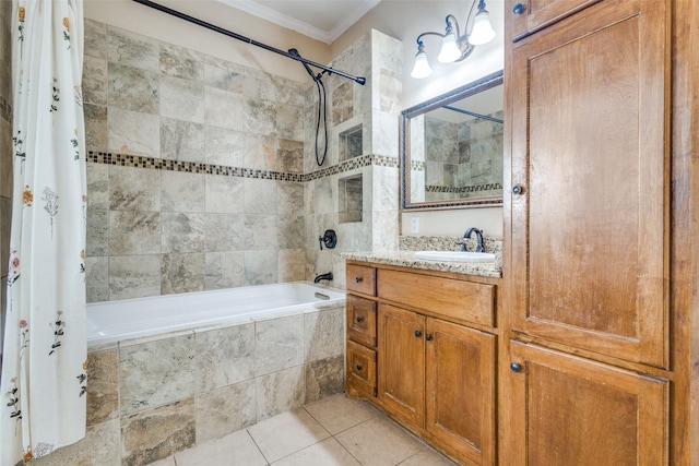 1009 W 7th St, Justin, TX 76247 - bathroom with ornamental molding, tiled shower / bath combo, vanity, and tile patterned flooring