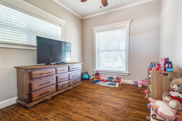 1009 W 7th St, Justin, TX 76247 - recreation room with a ceiling fan, plenty of natural light, crown molding, wood finished floors, and baseboards