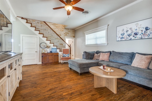 1009 W 7th St, Justin, TX 76247 - living area featuring stairs, a ceiling fan, ornamental molding, and dark wood-style floors