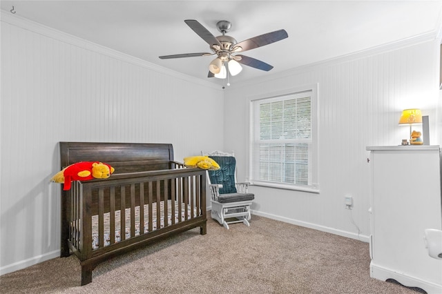 200 S Mimosa St, Paradise, TX 76073 - bedroom featuring ornamental molding, a nursery area, carpet, baseboards, and ceiling fan