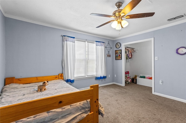 200 S Mimosa St, Paradise, TX 76073 - bedroom featuring carpet flooring, baseboards, crown molding, ceiling fan, and a textured ceiling