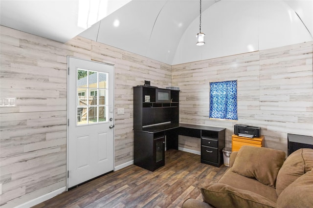 200 S Mimosa St, Paradise, TX 76073 - office with dark wood-style floors, wood walls, lofted ceiling, and baseboards