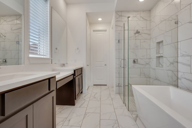14936 Grissom Ave, Aledo, TX 76008 - full bath with a stall shower, marble finish flooring, vanity, a soaking tub, and recessed lighting