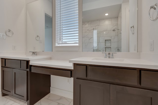 14936 Grissom Ave, Aledo, TX 76008 - bathroom featuring marble finish flooring, tiled shower, vanity, and recessed lighting