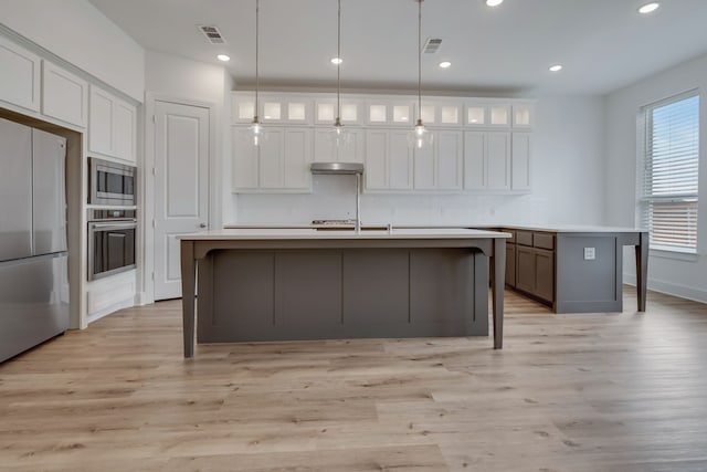 14936 Grissom Ave, Aledo, TX 76008 - kitchen with stainless steel appliances, under cabinet range hood, a center island with sink, white cabinetry, and light countertops