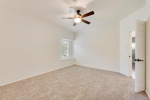 8525 Creekview Dr, Frisco, TX 75034 - spare room with a ceiling fan, light carpet, ornamental molding, and baseboards