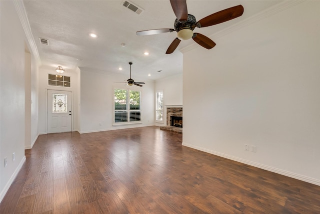 8525 Creekview Dr, Frisco, TX 75034 - unfurnished living room with ceiling fan, wood finished floors, recessed lighting, baseboards, and a fireplace