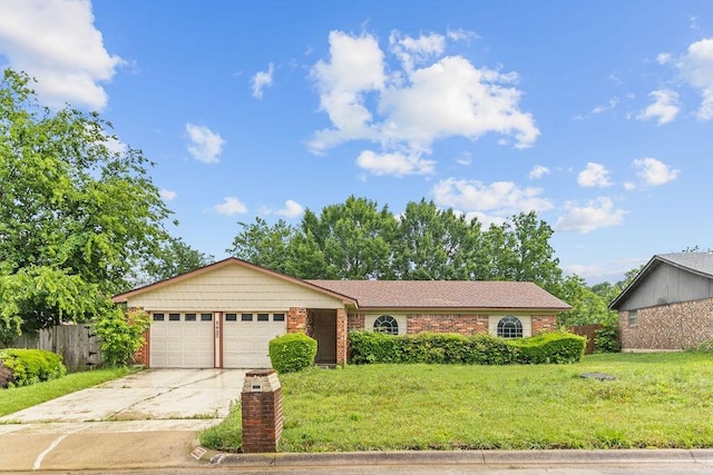 ranch-style house with a garage, concrete driveway, and brick siding