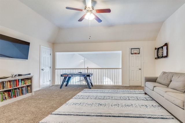 2401 Greenwich Dr, Carrollton, TX 75006 - carpeted living area featuring a ceiling fan and lofted ceiling
