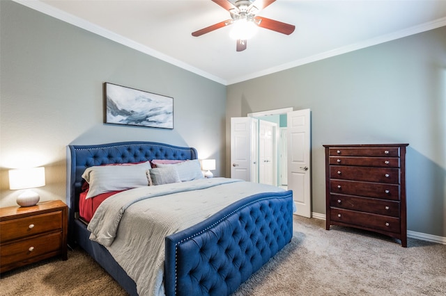 2401 Greenwich Dr, Carrollton, TX 75006 - carpeted bedroom with ornamental molding, baseboards, and a ceiling fan