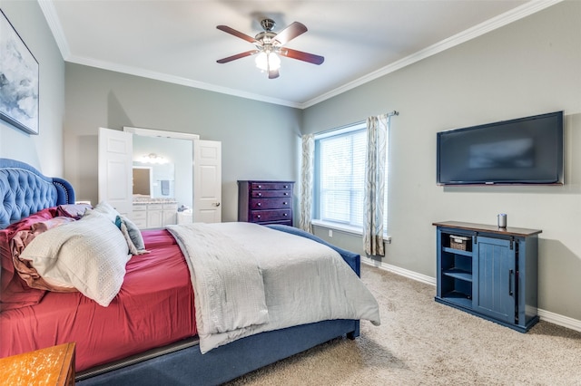 2401 Greenwich Dr, Carrollton, TX 75006 - carpeted bedroom with ornamental molding, ensuite bath, baseboards, and ceiling fan
