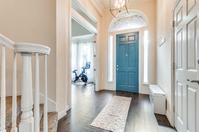 2401 Greenwich Dr, Carrollton, TX 75006 - entryway featuring crown molding, stairs, and dark wood-style floors