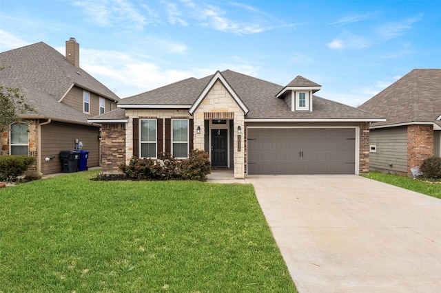 10116 Mickler Ln, Waco, TX 76708 - view of front of property featuring an attached garage, roof with shingles, a front lawn, stone siding, and concrete driveway