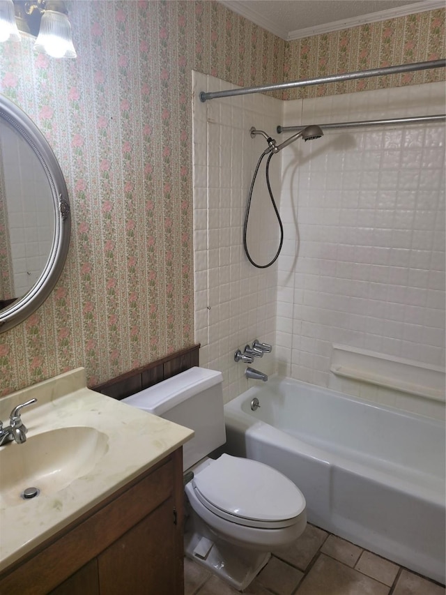 6313 Westwood Rd, Shreveport, LA 71129 - bathroom with wallpapered walls,  shower combination, toilet, tile patterned flooring, and vanity