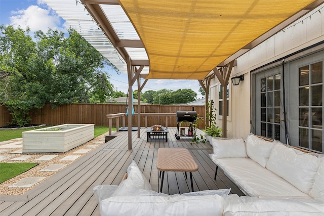 10834 Wyatt St, Dallas, TX 75218 - deck with a fenced backyard, a vegetable garden, an outdoor living space with a fire pit, and area for grilling