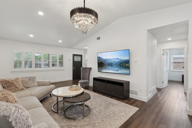 10834 Wyatt St, Dallas, TX 75218 - living area with lofted ceiling, healthy amount of natural light, dark wood-type flooring, a chandelier, and baseboards
