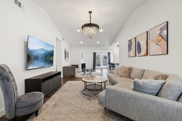 10834 Wyatt St, Dallas, TX 75218 - living area featuring vaulted ceiling, a chandelier, wood finished floors, and recessed lighting