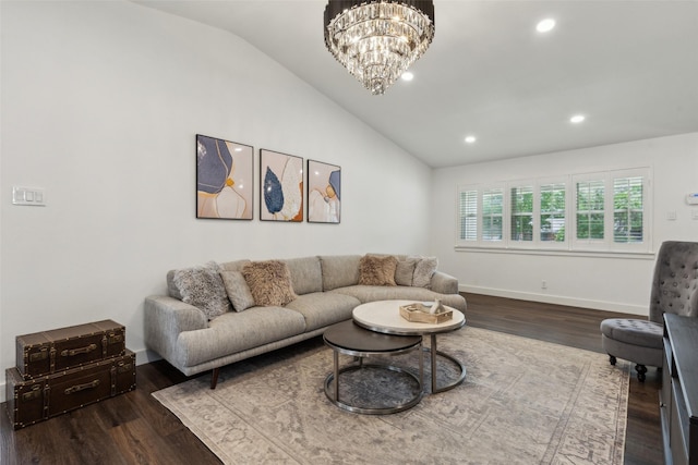 10834 Wyatt St, Dallas, TX 75218 - living area featuring lofted ceiling, dark wood-style floors, a chandelier, recessed lighting, and baseboards