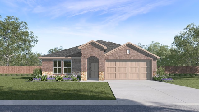 440 Drake Dr, Ferris, TX 75125 - view of front facade featuring stone siding, an attached garage, driveway, brick siding, and roof with shingles