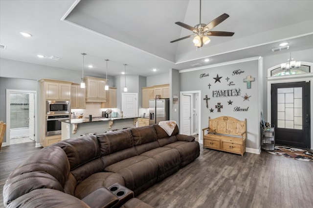 2231 Rana Park, Flint, TX 75762 - living area with recessed lighting, dark wood finished floors, ceiling fan, baseboards, and vaulted ceiling