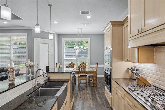 2231 Rana Park, Flint, TX 75762 - kitchen featuring stainless steel appliances, a sink, dark wood-style flooring, a chandelier, and decorative backsplash