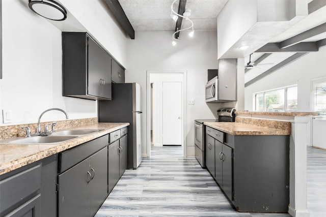 2627 Roger Williams Dr, Irving, TX 75061 - kitchen featuring appliances with stainless steel finishes, a sink, ceiling fan, light wood-style flooring, and a peninsula