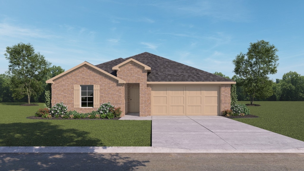 2051 Liberty Crossing Ave, Royse City, TX 75189 - ranch-style house with brick siding, an attached garage, and a front yard