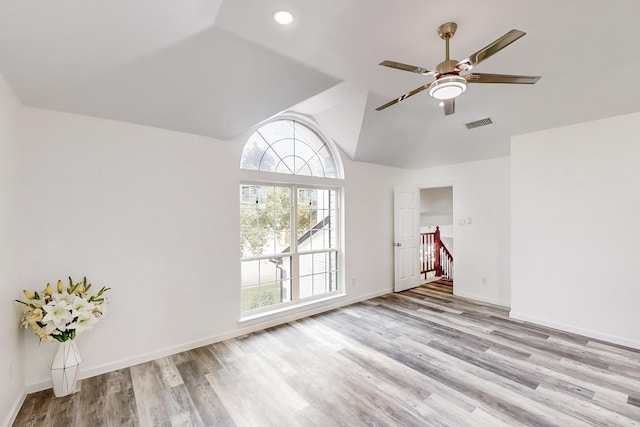 827 Astaire Ave, Duncanville, TX 75137 - unfurnished room featuring a ceiling fan, wood finished floors, lofted ceiling, baseboards, and recessed lighting