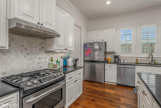 kitchen featuring appliances with stainless steel finishes, a sink, under cabinet range hood, white cabinets, and ornamental molding