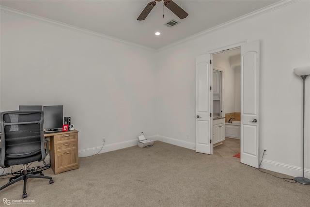 unfurnished office featuring light carpet, ornamental molding, ceiling fan, baseboards, and recessed lighting