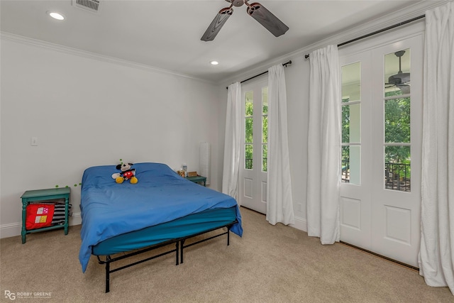 bedroom with ornamental molding, carpet floors, recessed lighting, baseboards, and ceiling fan