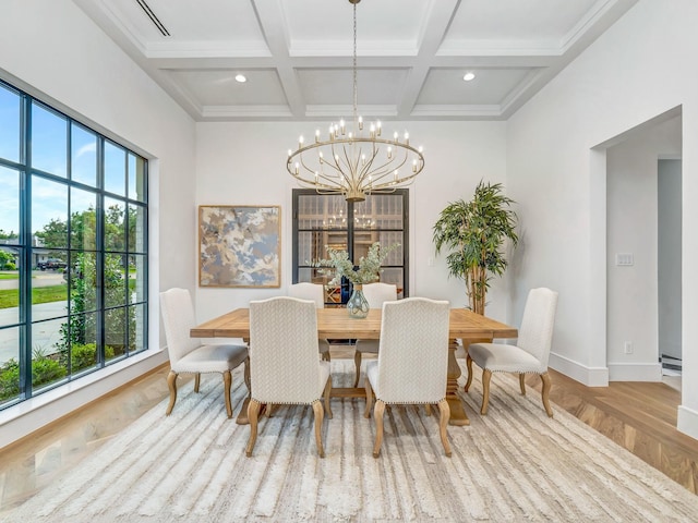 4633 Willow Ln, Dallas, TX 75244 - dining area with plenty of natural light, wood finished floors, a chandelier, baseboards, and beamed ceiling