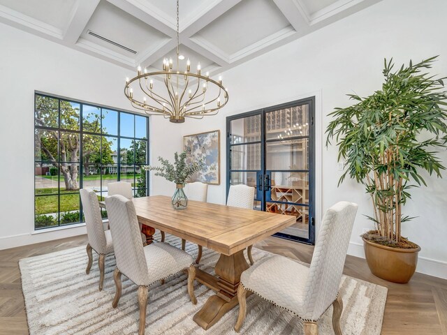 4633 Willow Ln, Dallas, TX 75244 - dining space with coffered ceiling, a chandelier, baseboards, beam ceiling, and french doors