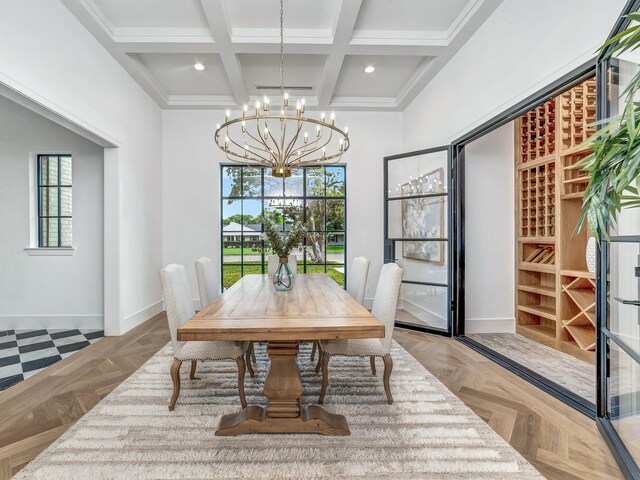 4633 Willow Ln, Dallas, TX 75244 - dining room with a chandelier, baseboards, beam ceiling, coffered ceiling, and recessed lighting