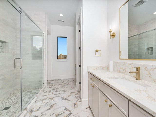 4633 Willow Ln, Dallas, TX 75244 - bathroom featuring vanity, a stall shower, baseboards, recessed lighting, and marble finish flooring
