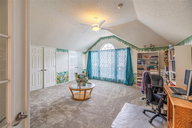 5929 Meadowcrest Ln, Sachse, TX 75048 - home office featuring vaulted ceiling, a textured ceiling, carpet floors, and ceiling fan