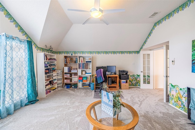 5929 Meadowcrest Ln, Sachse, TX 75048 - playroom featuring carpet flooring, lofted ceiling, ceiling fan, a desk, and french doors