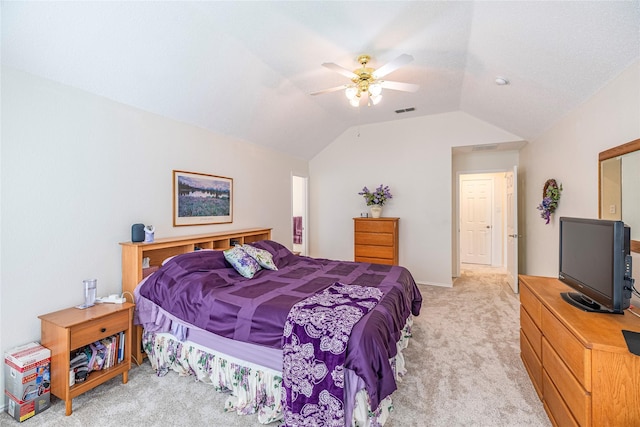 5929 Meadowcrest Ln, Sachse, TX 75048 - bedroom with light carpet, vaulted ceiling, and ceiling fan