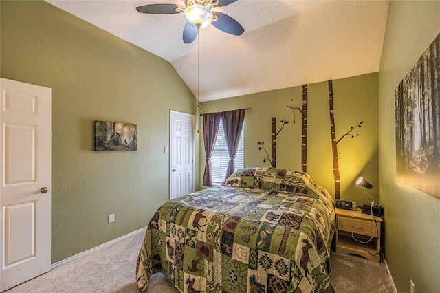 5929 Meadowcrest Ln, Sachse, TX 75048 - bedroom featuring carpet, a textured wall, vaulted ceiling, baseboards, and a ceiling fan