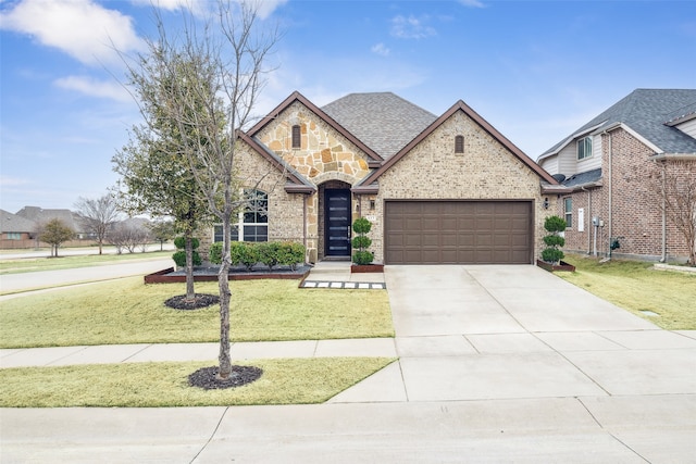 613 Overton Ave, Celina, TX 75009 - french country style house featuring a garage, a front yard, driveway, and brick siding