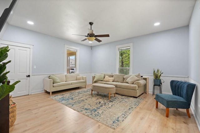 229 College, Italy, TX 76651 - living room with a wainscoted wall, wood finished floors, ceiling fan, and recessed lighting