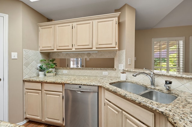 4252 Millview Ln, Dallas, TX 75287 - kitchen featuring dishwasher, a sink, tasteful backsplash, light stone counters, and vaulted ceiling