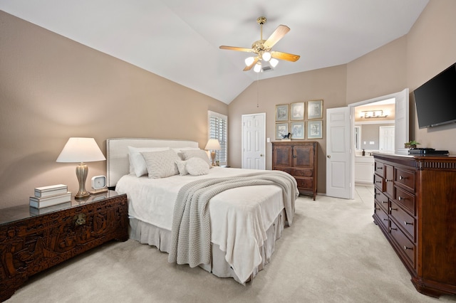 4252 Millview Ln, Dallas, TX 75287 - bedroom featuring light colored carpet, vaulted ceiling, connected bathroom, a ceiling fan, and a closet