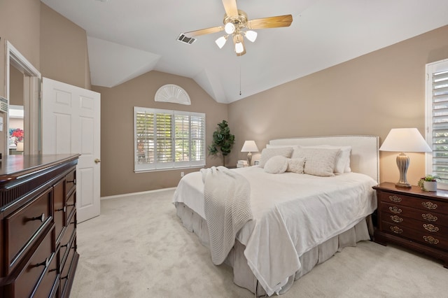 4252 Millview Ln, Dallas, TX 75287 - bedroom featuring light carpet, vaulted ceiling, ceiling fan, and baseboards