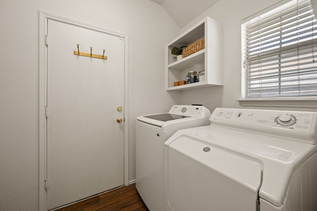 4252 Millview Ln, Dallas, TX 75287 - clothes washing area with washer and clothes dryer and dark wood-type flooring