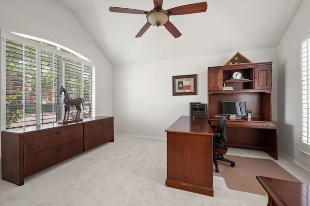 4252 Millview Ln, Dallas, TX 75287 - office with lofted ceiling, ceiling fan, light colored carpet, and baseboards