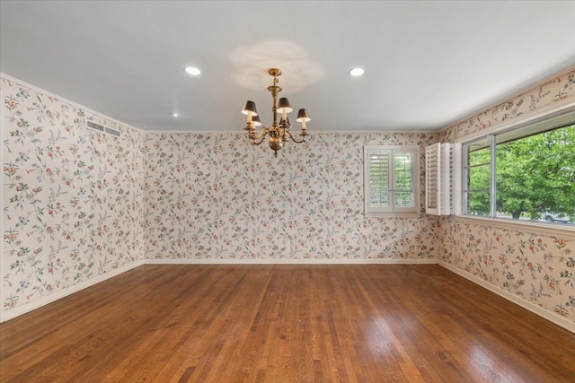 2900 Simondale Dr, Fort Worth, TX 76109 - spare room with wood finished floors, a chandelier, baseboards, wallpapered walls, and recessed lighting