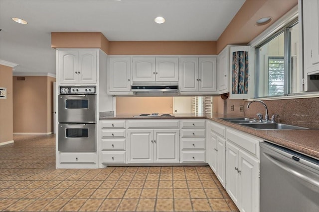 2900 Simondale Dr, Fort Worth, TX 76109 - kitchen featuring stainless steel appliances, a sink, under cabinet range hood, white cabinetry, and backsplash