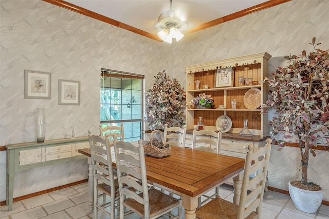 17881 Silver Leaf, Flint, TX 75762 - dining area with ceiling fan, wallpapered walls, and ornamental molding