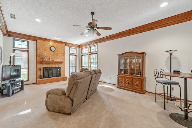 17881 Silver Leaf, Flint, TX 75762 - carpeted living area with ornamental molding, a ceiling fan, a textured ceiling, a brick fireplace, and baseboards